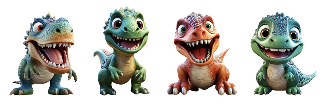 3d illustration set of t rex dinosaur cartoon characters on transparent background, generative ai