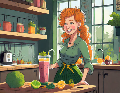 Woman making a smoothie in her kitchen, home lifestyle and wellbeing