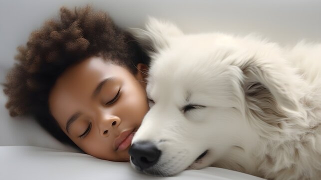Portrait of a black toddler boy sleeps with his white dog against white background with space for text, background image, AI generated