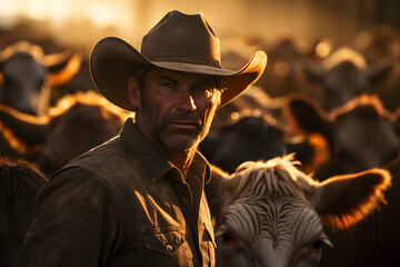 Cowboy tending to a herd of cattle on a dusty, sunlit ranch. - obrazy, fototapety, plakaty