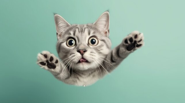 funny cat flying. photo of a playful tabby cat jumping mid-air looking at camera. background with copy space