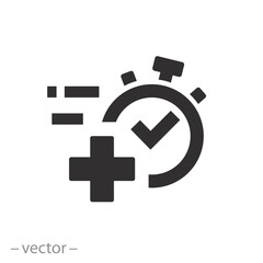 quick treatment icon, fast healing effect, stopwatch with cross, first aid - flat vector illustration 