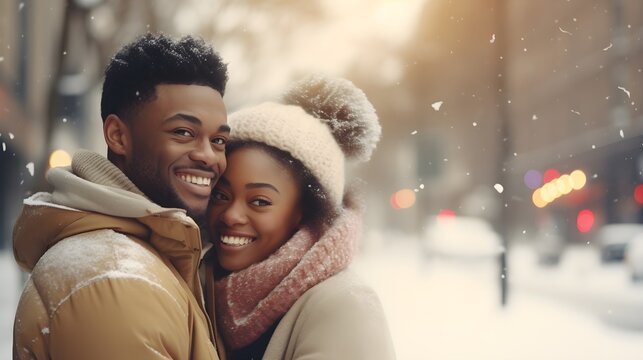 Back view portrait of  a black happy couple with winter ambience as a background with space for text, background image, AI generated