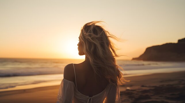 Back view portrait of a white female with sunset on the beach as a background with space for text, background image, AI generated