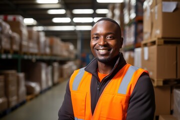 Fototapeta premium Worker in a work environment. African-American warehouse worker