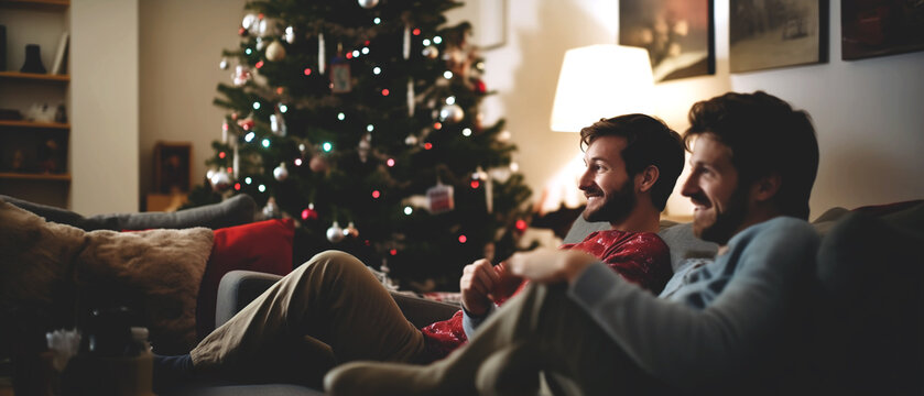 Christmas time. Two smiling men enjoying day off sitting on the couch. Friends, gay couple, people enjoying the holiday. LGBTQ+ Christmas.