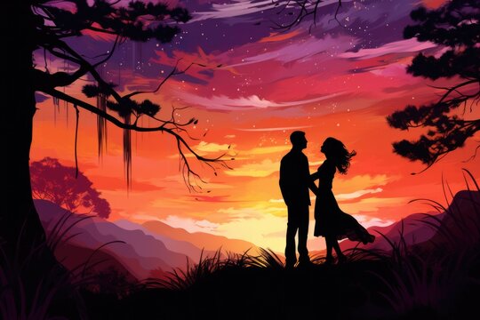 Lovers silhouette with blazing sunset and urban horizon line below. Romantic encounters.
