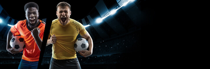 Collage. Man, football player showing emotions of success and win over black background, sport stadium with flashlights. Concept of professional sport, success, achievement, competition. Banner