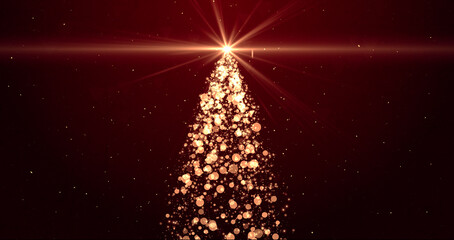 Bright Christmas tree with twinkling lights and stars on red background