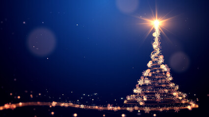 Christmas tree with lights particles and snowflakes on blue