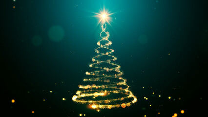Christmas tree animation with lights particles and snowflakes on green