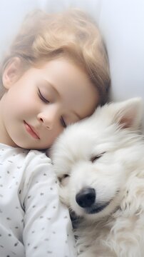 Portrait of a white toddler girl sleeps with her dog against white background with space for text, background image, AI generated
