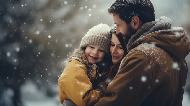 Back view portrait of  a happy family against winter ambience as a background with space for text, background image, AI generated