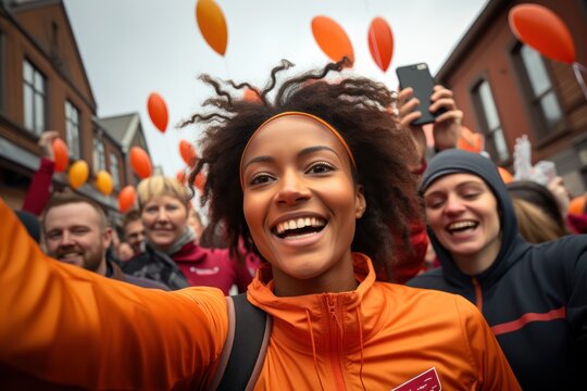 Runner jubilant selfie at marathon milestone radiates accomplishment, runner image