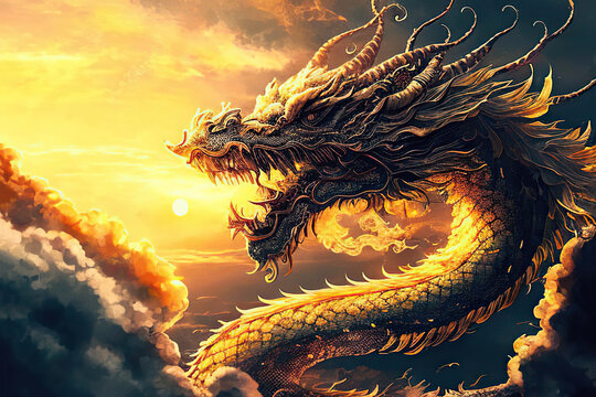 Yellow chinese dragon in the sunset sky, Year of the Dragon, Generative AI