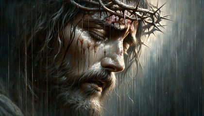 Divine Suffering: The Face of Jesus Christ in the Agony of the Cross at his Passion and Crucifixion.