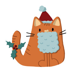 Vector hand drawn cartoon illustration of christmas cat in santa's hat