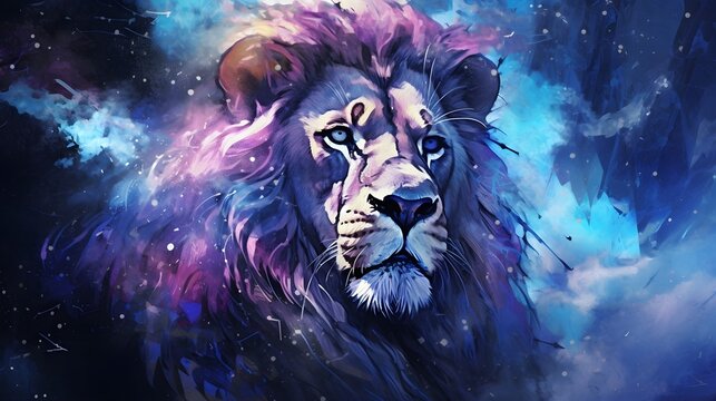Close-up of a majestic male Lion, surrealistic dreams, magic, watercolor style, background image, AI generated