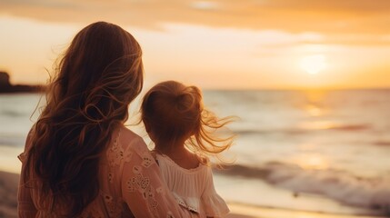Obraz premium Back view portrait of a mother and her toddler daughter with sunset on the beach as a background with space for text, background image, AI generated