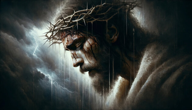 Sacred Suffering and Torment: Jesus Christ's Face Wearing the Crown of Thorns during his Crucifixion at Calvary's Hill.