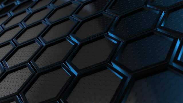 Abstract 3D background with black hexagons , realistic reflections , blue glow and moving camera effect , 4k , 60 fps