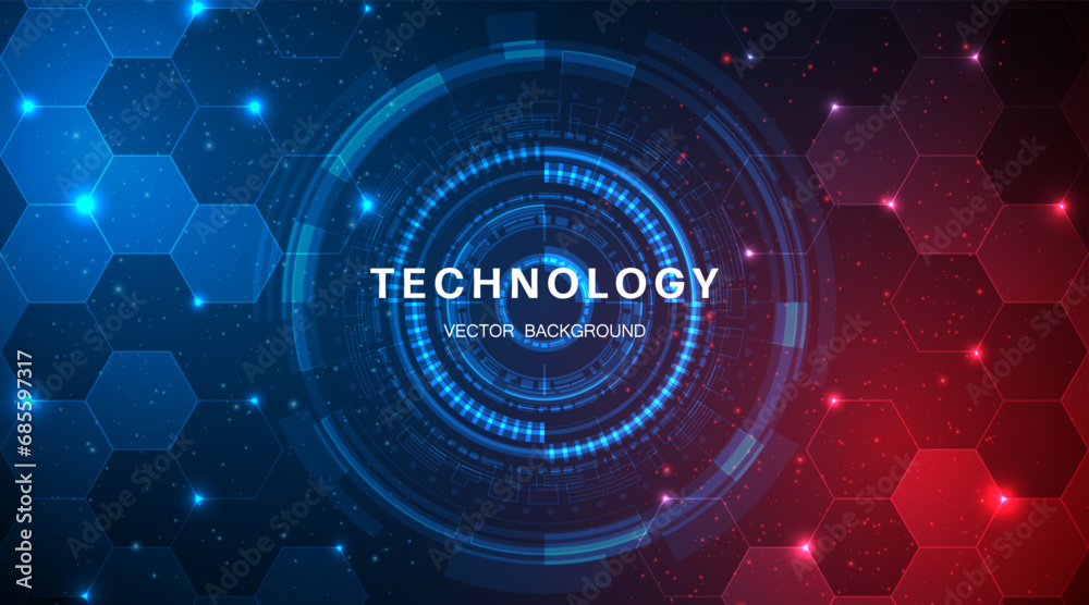 Leinwandbilder Blue and red digital technology circuit background. Big data internet network concept. Cyber ​​security. Advanced computer technology circuit board