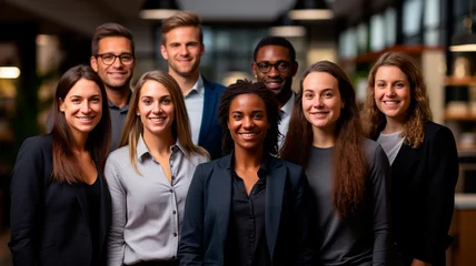 Foto op Plexiglas Un retrato profesional y edificante que captura a un grupo diverso de gente de negocios sonriendo felizmente en un entorno de oficina. © Eva