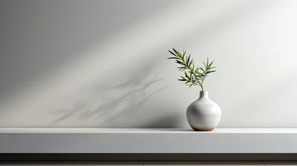 Foto op Canvas Un fondo universal y elegantemente diseñado a medida para presentaciones de productos. La composición presenta una estantería vacía blanca y limpia fijada a una pared gris claro. © Eva