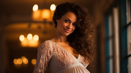 Una conmovedora imagen de una mujer embarazada en el tercer trimestre, sonriendo cálidamente mientras acuna suavemente su creciente barriga. - obrazy, fototapety, plakaty
