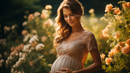Una conmovedora imagen de una mujer embarazada en el tercer trimestre, sonriendo cálidamente mientras acuna suavemente su creciente barriga. - obrazy, fototapety, plakaty