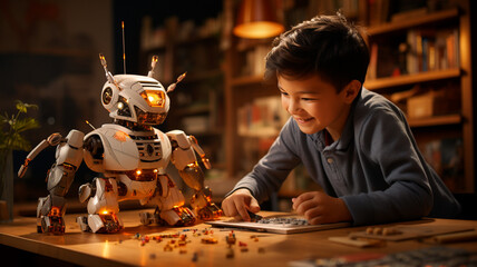Una escena vibrante y educativa que muestra una clase de codificación en una escuela primaria, en la que un profesor muestra con entusiasmo la programación de un robot mecánico a un grupo de jóvenes