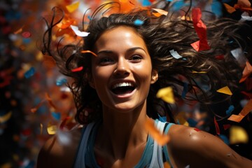 Fototapeta premium Dynamic image as confetti explodes for female runner victory, runner image