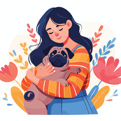 Young woman hugging pug dog with love vector illustrations on white background