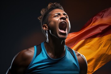 Fototapeta premium Roaring in victory male runner seals the race with clenched fists, runner image