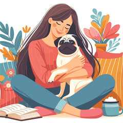 Young woman hugging pug dog with love vector illustrations on white background