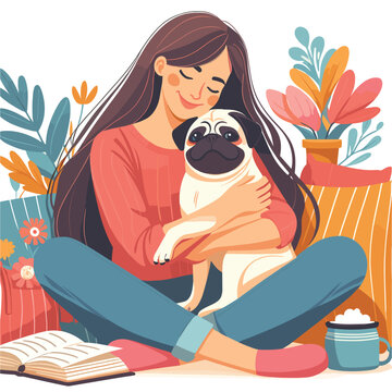 Young Woman Hugging Pug Dog With Love Vector Illustrations On White Background