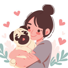 Fototapeta premium Young woman hugging pug dog with love vector illustrations on white background