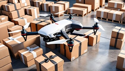 Eine Drohne in einer Lagerhalle mit Paketen - Neuer Art des Transportes - obrazy, fototapety, plakaty