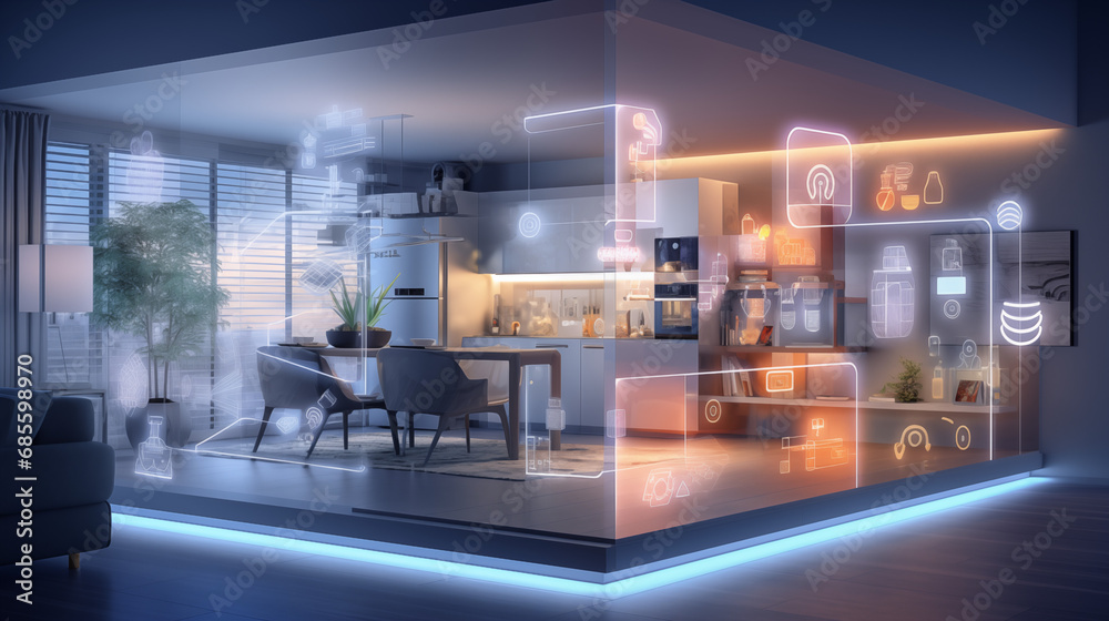 Poster A smart home setup. A modern living space equipped with smart home devices like smart lights, tv and voice - controlled assistants. Smart home interior with augmented reality. AI generative.