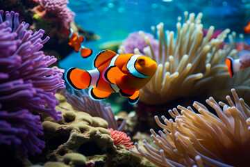 Naklejka na ściany i meble Clown fish swimming in aquarium with corals and other sea life.