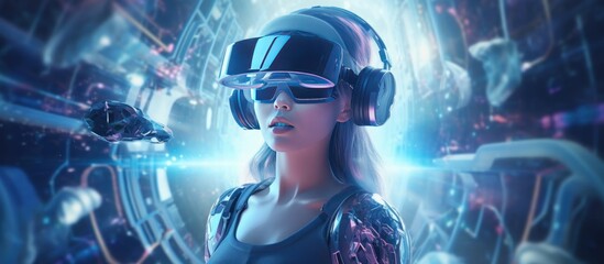 woman with cyberpunk style 3d vr technology background wallpaper ai generated image