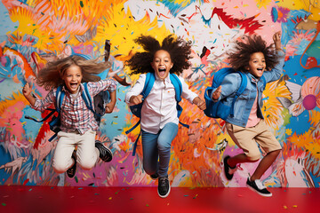 Obraz premium Drei Kinder mit Rucksäcken hüpfen vor einer bunten Wand