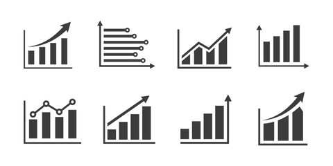 Growing graph icon set. Set of growing bar graph. Business chart with arrow. Growths chart collection vector.