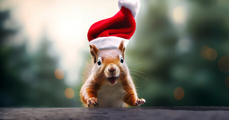 A funny, cute squirrel with Santa's hat on standing on a wooden table in the forest or a garden. Day time in the winter woods, park or garden. - Powered by Adobe