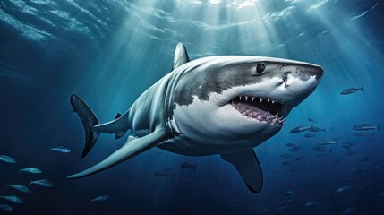 Fototapeta premium Ocean shark bottom view from below. Open toothy dangerous mouth with many teeth. Underwater blue sea waves clear water shark swims forward