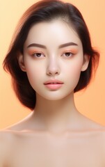 Fototapeta premium Beautiful young asian woman with clean fresh skin on beige background, Face care, Facial treatment, Cosmetology, beauty and spa, Asian women portrait.