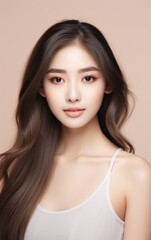 Obraz premium Beautiful young asian woman with clean fresh skin on beige background, Face care, Facial treatment, Cosmetology, beauty and spa, Asian women portrait.