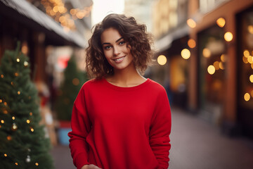 Girl in red hoodie sweater on Christmas decorated street background. Sweater mockup for design demonstration