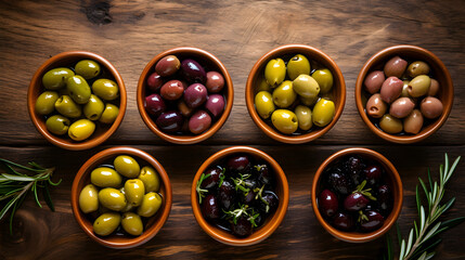 Assortment of fresh olives with different colors in bowls with rosemary branches on wooden background. Top view. - obrazy, fototapety, plakaty