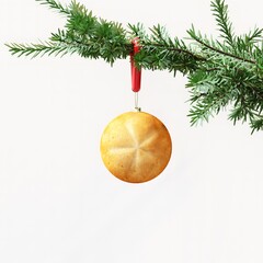 Closeup Bread Ornament Christmas decoration hanging on Christmas tree on white background. 3D Rendering Christmas concept idea.
